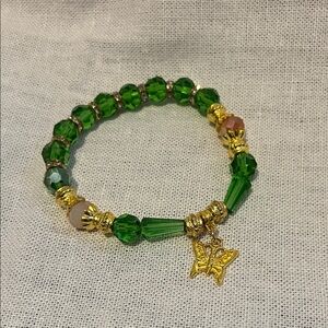 Elegant Green and Gold Beaded Bracelet with Butterfly Charm